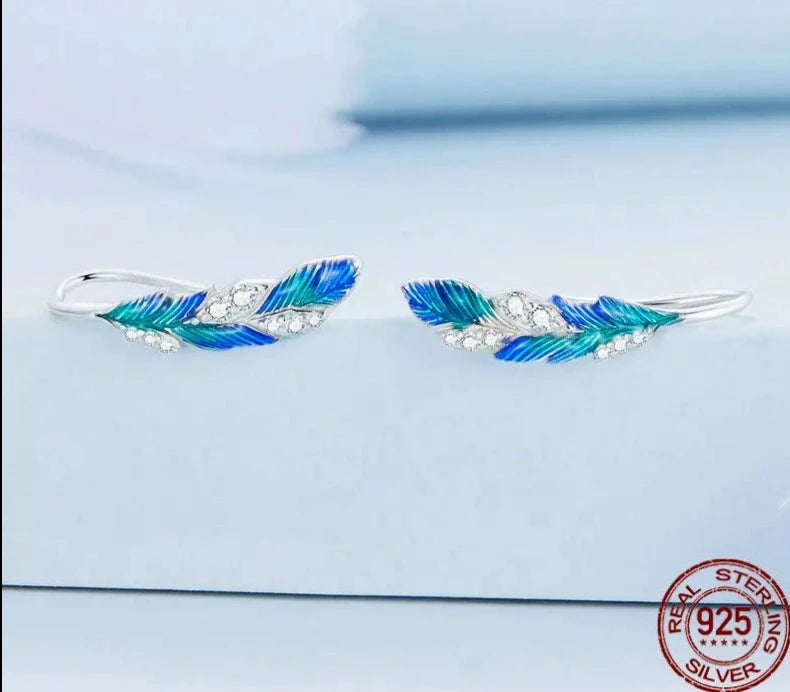 Silver Blue Feathers Earrings