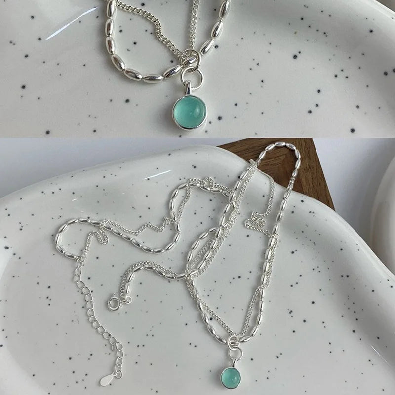 Silver Green Crystal Double Layer Necklace