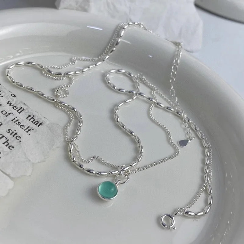 Silver Green Crystal Double Layer Necklace